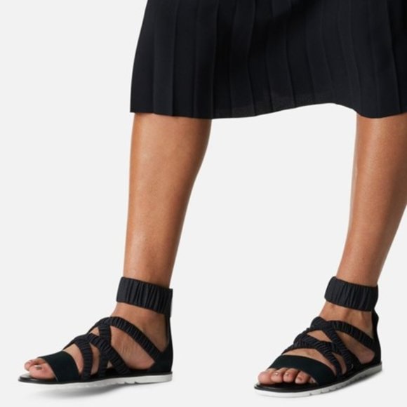 Sorel Ella II Ankle Strap Sandals Leather Flats Black Sea Salt Size 7 NEW - Picture 1 of 7
